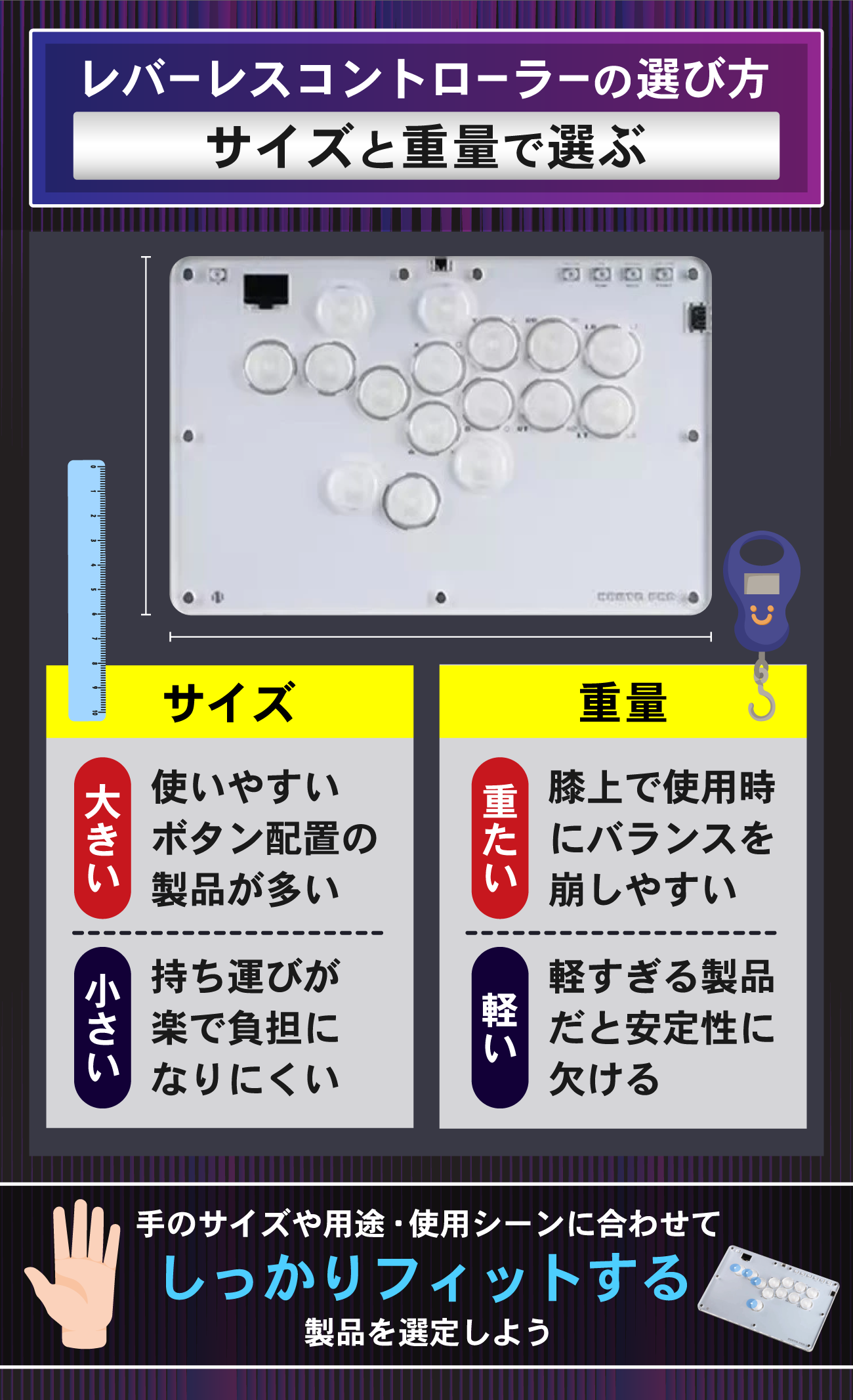 レバーレスコントローラー(アケコン)の選び方：サイズと重量